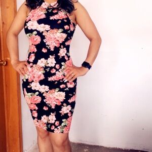 Iris Pink and White Halter Bodycon Mini Dress